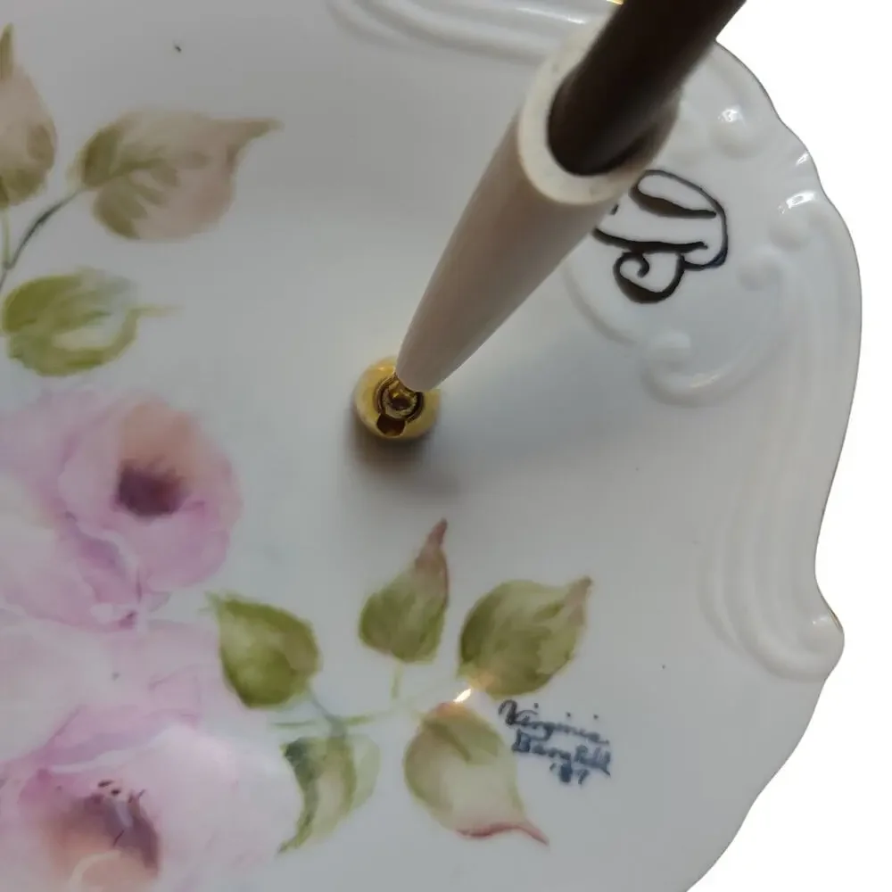 Vintage Pen Holder Desk Handpainted Porcelain Artist Signed Virginia B 1987 Gold
